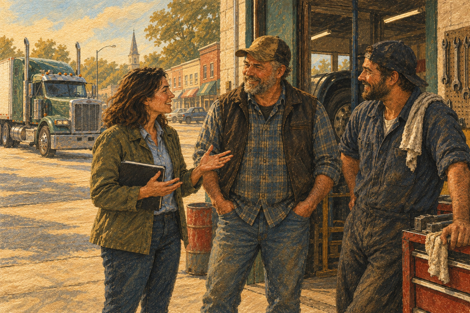 Painted illustration of a small-business adviser talking with a truck owner and mechanic outside a local workshop