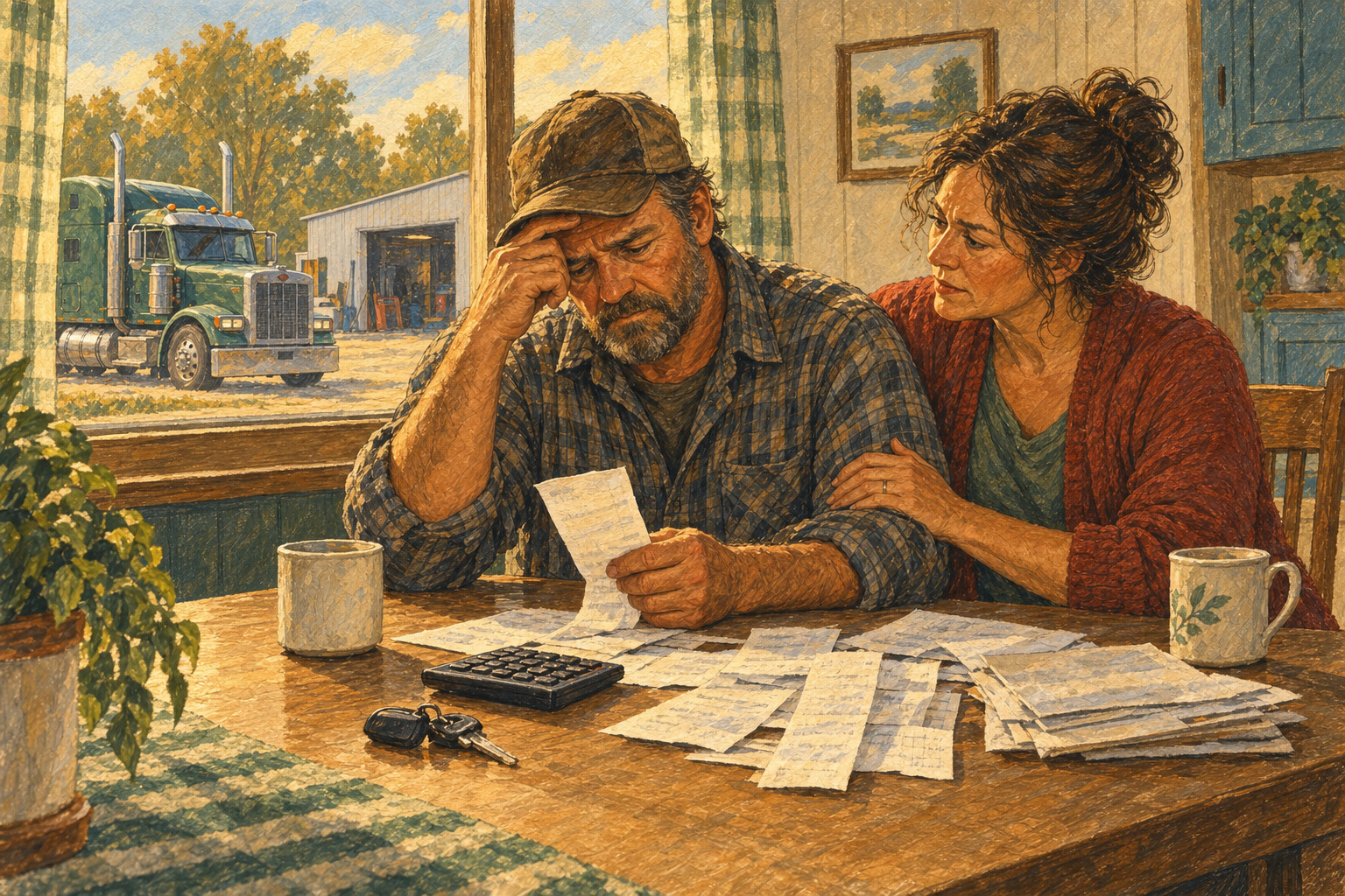 Painted illustration of a truck driver and spouse reviewing bills at their kitchen table, with their truck outside