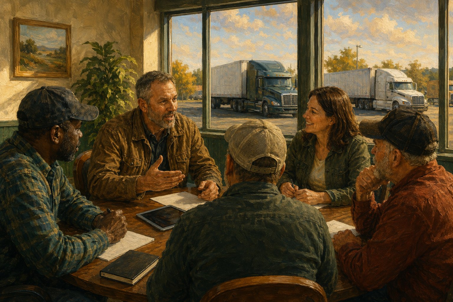 Editorial illustration of trucking association members sharing ideas around a table, with a fleet yard outside.