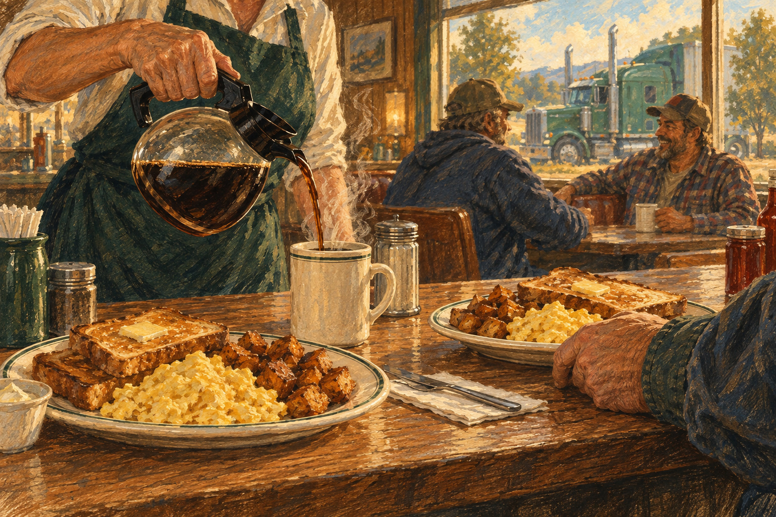 Illustration of coffee being poured beside a hot breakfast, with regulars talking in a roadside diner.