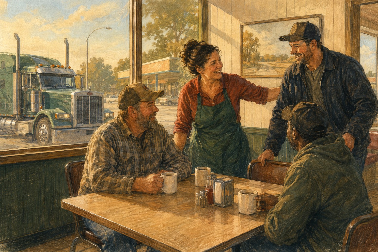 Illustration of a venue owner welcoming regulars around a coffee table, with a truck outside the window.